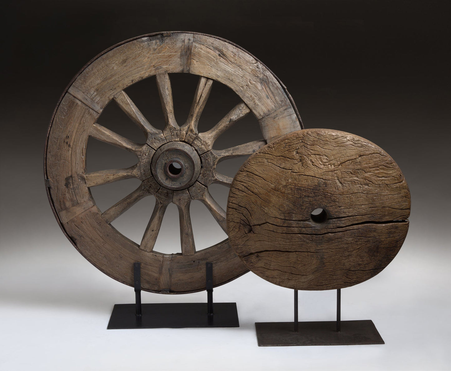 VINTAGE CART WHEEL  ON STAND