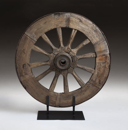VINTAGE CART WHEEL  ON STAND