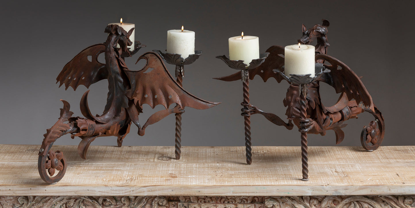 HAND FORGED WROUGHT IRON DRAGON CANDLESTICKS (PAIR)