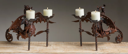 HAND FORGED WROUGHT IRON DRAGON CANDLESTICKS (PAIR)