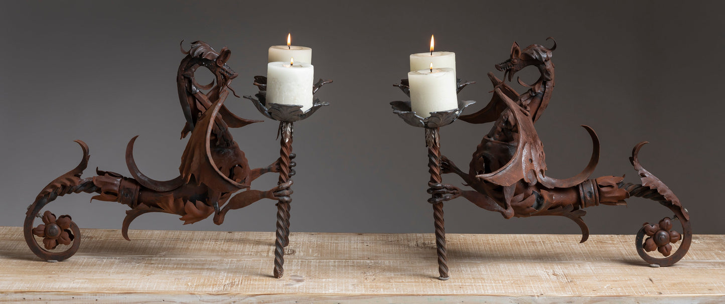 HAND FORGED WROUGHT IRON DRAGON CANDLESTICKS (PAIR)